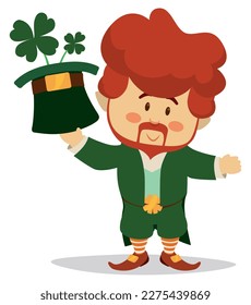 Cute Leprechaun with red hair and beard, green clothes, holding his top hat like flowerpot with four-leaf clovers. Character isolated in cartoon style.