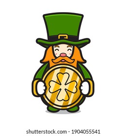 Cute leprechaun saint patrick day character holding clover coin cartoon vector icon illustration. Saint Patrick's Day icon concept isolated vector. Flat cartoon style