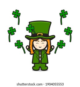 Cute leprechaun saint patrick day character celebrate with clover cartoon vector icon illustration. Saint Patrick's Day icon concept isolated vector. Flat cartoon style