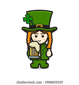Cute leprechaun saint patrick day character holding beer cartoon vector icon illustration. Saint Patrick's Day icon concept isolated vector. Flat cartoon style