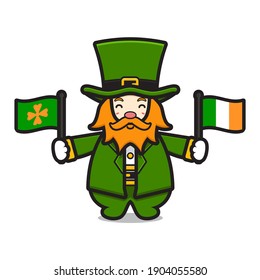 Cute leprechaun saint patrick day character holding irish flag cartoon vector icon illustration. Saint Patrick's Day icon concept isolated vector. Flat cartoon style