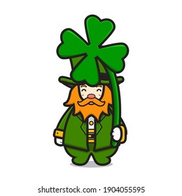 Cute leprechaun saint patrick day character holding clover cartoon vector icon illustration. Saint Patrick's Day icon concept isolated vector. Flat cartoon style