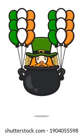 Cute leprechaun saint patrick day character flying with balloon cartoon vector icon illustration. Saint Patrick's Day icon concept isolated vector. Flat cartoon style