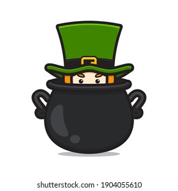 Cute leprechaun saint patrick day character hiding in barrel cartoon vector icon illustration. Saint Patrick's Day icon concept isolated vector. Flat cartoon style