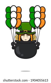 Cute leprechaun saint patrick day character flying with balloon cartoon vector icon illustration. Saint Patrick's Day icon concept isolated vector. Flat cartoon style