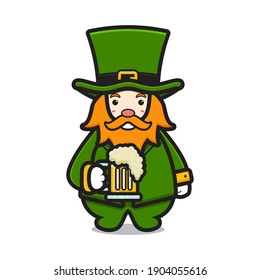 Cute leprechaun saint patrick day character holding beer cartoon vector icon illustration. Saint Patrick's Day icon concept isolated vector. Flat cartoon style