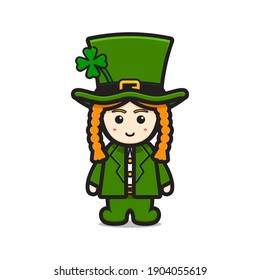 Cute leprechaun saint patrick day character with clover cartoon vector icon illustration. Saint Patrick's Day icon concept isolated vector. Flat cartoon style