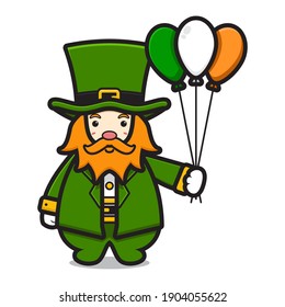 Cute leprechaun saint patrick day character holding balloon cartoon vector icon illustration. Saint Patrick's Day icon concept isolated vector. Flat cartoon style