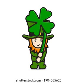 Cute leprechaun saint patrick day character holding clover cartoon vector icon illustration. Saint Patrick's Day icon concept isolated vector. Flat cartoon style