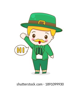 Cute Leprechaun saying hi Saint patrick day cartoon character isolated on white background.