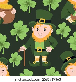 Cute leprechaun seamless pattern on dark background. A cartoon dwarf with clover. Vector illustration for St. patrick's day