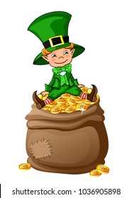 Cute leprechaun sitting on the bag full of coins. St. Patrick's Day  