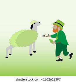 Cute Leprechaun with special scissors is going to cut his green sheep. St. Patrick's Day greeting card.