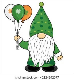 Cute leprechaun for St. Patrick's Day. Cartoon style. Dwarf with balloons in the colours of the flag of Ireland. St. Patrick's Day Gnome with shamrock