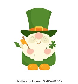 Cute leprechaun for St. Patrick's Day. Cute gnome with Irish flag and shamrock. Vector illustration of a little man on white background.