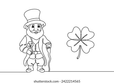 A cute leprechaun stands leaning on a cane. Symbol of St. Patrick's Day. Fictional character. Vector illustration. Images produced without the use of any form of AI software at any stage. 