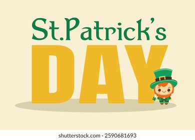 Cute leprechaun stands next to text.  St. Patrick's Day celebration. Festive greeting and holiday promotions. Vector illustration.