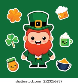 cute leprechaun sticker set cartoon character saint pattrick's day.