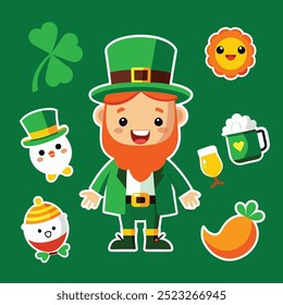 cute leprechaun sticker set cartoon character saint pattrick's day.