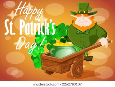 A cute leprechaun transports his gold in a pot on a cart