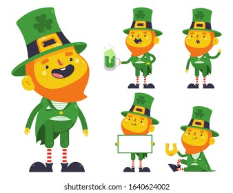 Cute leprechaun vector cartoon characters set isolated on a white background.