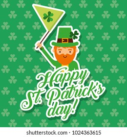 cute leprechaun waving flag st patrciks day clovers background