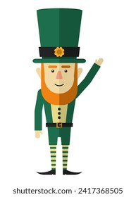 Cute leprechaun waving hand on white background