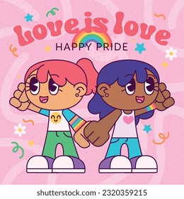 Cute lesbian couple holding hands Pride month Vector illustration