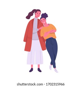 Rein lesbisches Paar einzeln auf weißem Hintergrund. Homosexuelle Partner stehen zusammen. Gleicher Geschlechtsverkehr. Fröhliche Familie. Lächelnde Mädchen umarmten. Vektorillustration im flachen Cartoon-Stil.