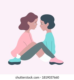 Cute lesbian couple sitting close to each other and about to kiss. Vector illustration.  