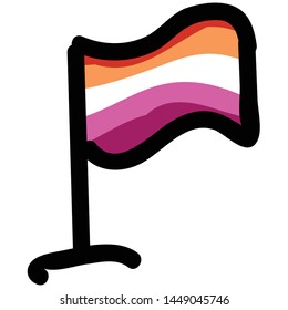 Cute lesbian flag cartoon vector illustration motif set. Hand drawn isolated LGBTQ pride elements clipart for wlw blog, sexuality graphic, love web buttons.
