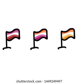 Cute lesbian flags set cartoon vector illustration motif. Hand drawn isolated LGBTQ pride elements clipart for butch and femme blog, sexuality graphic, love web buttons.
