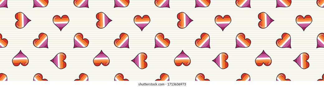 Cute lesbian heart cartoon seamless vector border. Hand drawn isolated pride flag for LGBTQ blog. Gay love on stripe background all over print. Female community tolerance tile. 