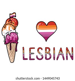 Cute lesbian ice cream cone cartoon vector illustration motif set. LGBTQ sweet treat elements for pride blog. Typography graphic for summer web buttons.