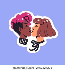 Cute lesbians kiss. Queer lovers, girls are in romantic relationship. Homosexual couple shows love, expresses feelings. Colorful sticker, icon for Pride month. Flat isolated vector illustration