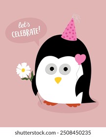 Cute Let's Celebrate Illustration with Penguin and Party Hat, Flower, Balloon