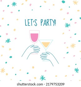 Cute Carné Let's Party con gafas alegres y confeti festivo. Ilustración vectorial de estilo plano para la fiesta de cumpleaños