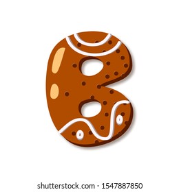 Cute letter B in form of cookies. Glazed Christmas food gingerbread. Sweet biscuit alphabet with frosting. Figures decorated icing sugar Isolated on white background. Flat style vector illustration.