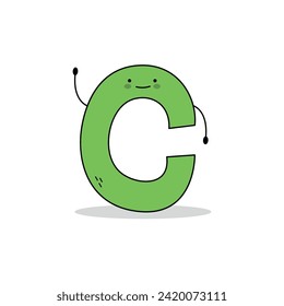 Cute letter C cartoon character waving hand doodle