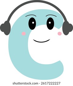 Cute Letter C with Headphones – Fun Cartoon Alphabet Character for Kids. A cute and cheerful cartoon letter C character wearing headphones, perfect for educational materials, children's alphabet books