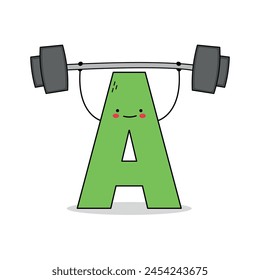 Cute letter A cartoon character lifting weight doodle