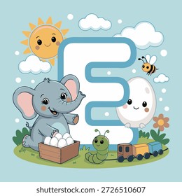 Cute Letter E Alphabet Cartoon Illustration for Kids Learning