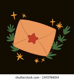 Cute letter envelope decorated with pine branch, stars magical sparks. Message, scroll,invitation. Vector isolated graphic design elements and illustration. seasonal, winter, cold time, special offer