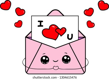 Cute letter with eyes for Valentine's day. Heart i love you A letter for the beloved. Envelope with a heart. Valentine's Day. Vector illustration
Hearts love a couple of Kawai characters