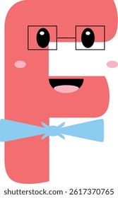 Cute Letter F Cartoon Character with Glasses and Bow Tie – Fun Alphabet Illustration for Kids. Adorable cartoon vector illustration of the letter F with a cheerful face, wearing square glasses