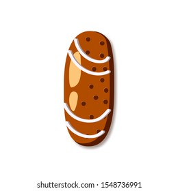 Cute letter I in form of cookies. Glazed Christmas food gingerbread. Sweet biscuit alphabet with frosting. Figures decorated icing sugar Isolated on white background. Flat style vector illustration.