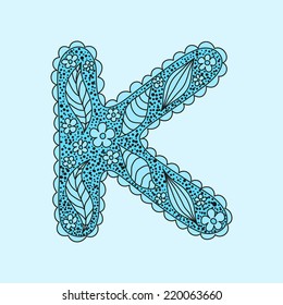 Cute letter K. Floral monogram K with vintage flowers and doodles. Can be used in wedding card, invitation and book design. Vector illustration