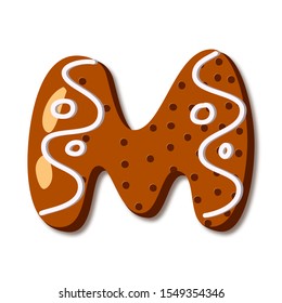 Cute letter M in form of cookies. Glazed Christmas food gingerbread. Sweet biscuit alphabet with frosting. Figures decorated icing sugar Isolated on white background. Flat style vector illustration.