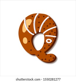 Cute letter Q in form of cookies. Glazed Christmas food gingerbread. Sweet biscuit alphabet with frosting. Figures decorated icing sugar Isolated on white background. Flat style vector illustration.