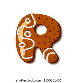 Cute letter R in form of cookies. Glazed Christmas food gingerbread. Sweet biscuit alphabet with frosting. Figures decorated icing sugar Isolated on white background. Flat style vector illustration.